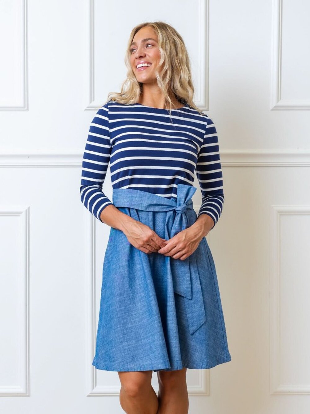 Hope & Henry French Jersey Skater Dress - Navy and White with Blue Chambray